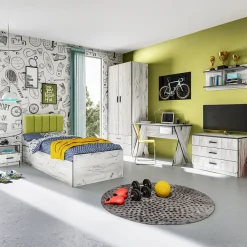 Garnero Arredamenti Cameretta per bambini 1 letto singolo contenitore bianco rustico verde Zadar Bianco Frassinato - Verde Discount