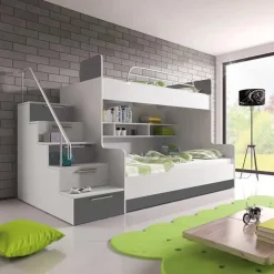 Garnero Arredamenti Cameretta 254x120cm 2 letti a soppalco bianco grigio lucido Enrico Gihome® Bianco Lucido - Grigio Sale