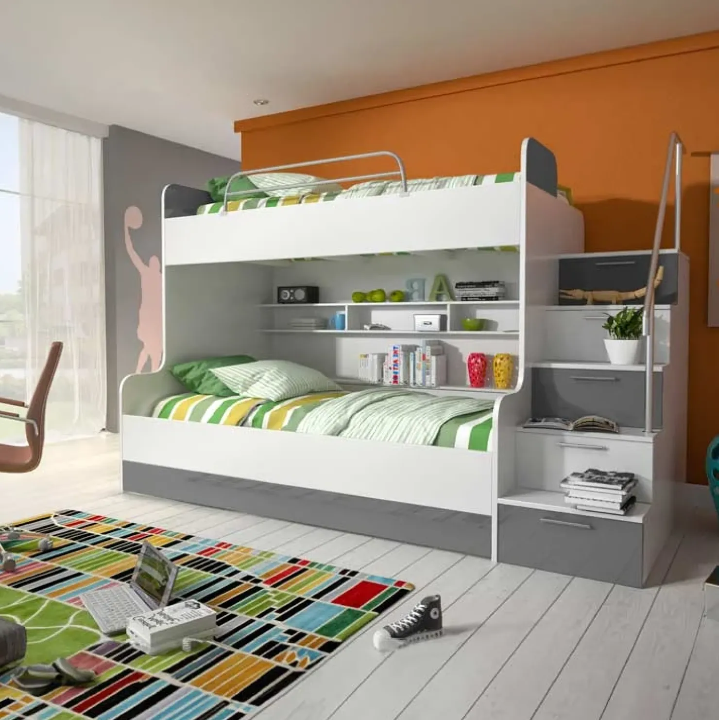 Garnero Arredamenti Cameretta 254x120cm 2 letti a soppalco bianco grigio lucido Enrico Gihome® Bianco Lucido - Grigio Sale