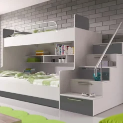 Garnero Arredamenti Cameretta 254x120cm 2 letti a soppalco bianco grigio lucido Enrico Gihome® Bianco Lucido - Grigio Sale