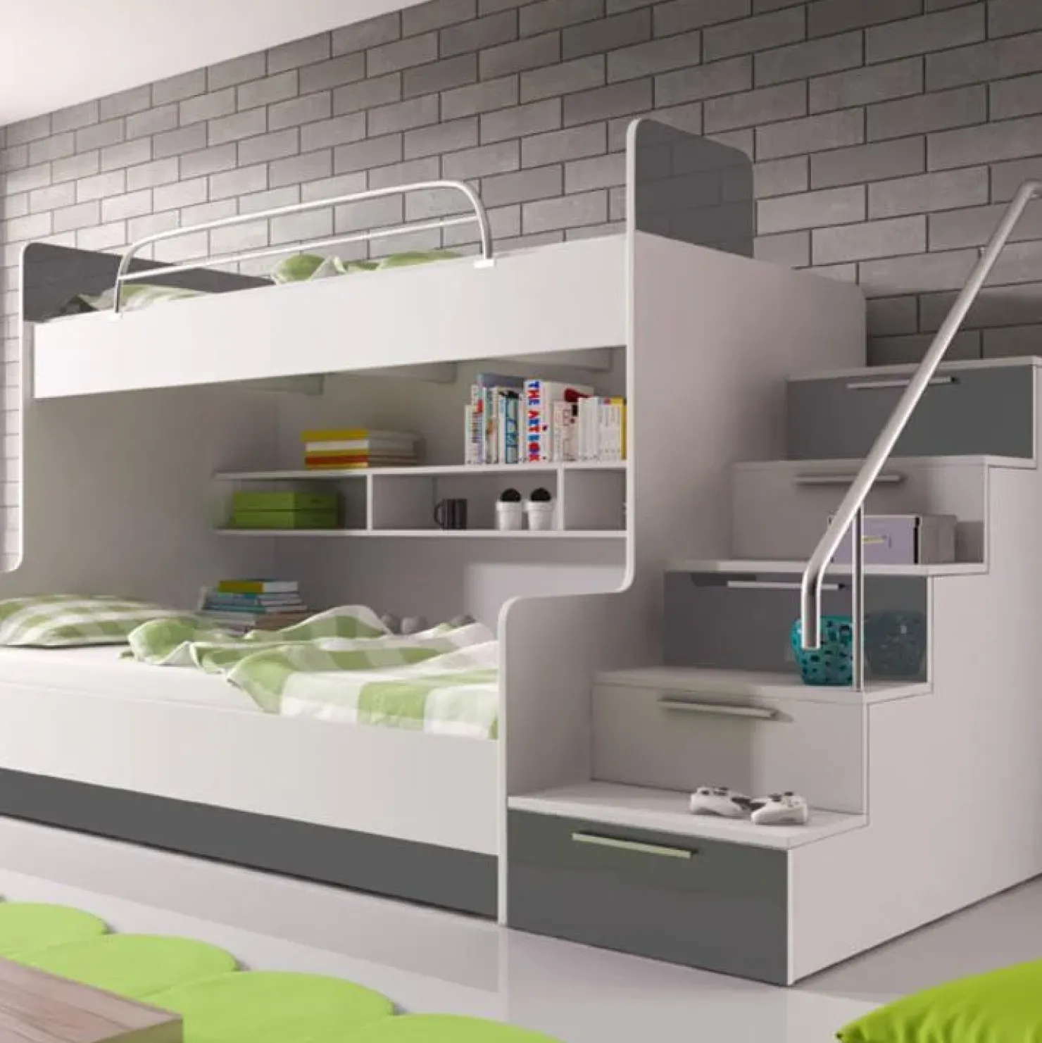 Garnero Arredamenti Cameretta 254x120cm 2 letti a soppalco bianco grigio lucido Enrico Gihome® Bianco Lucido - Grigio Sale