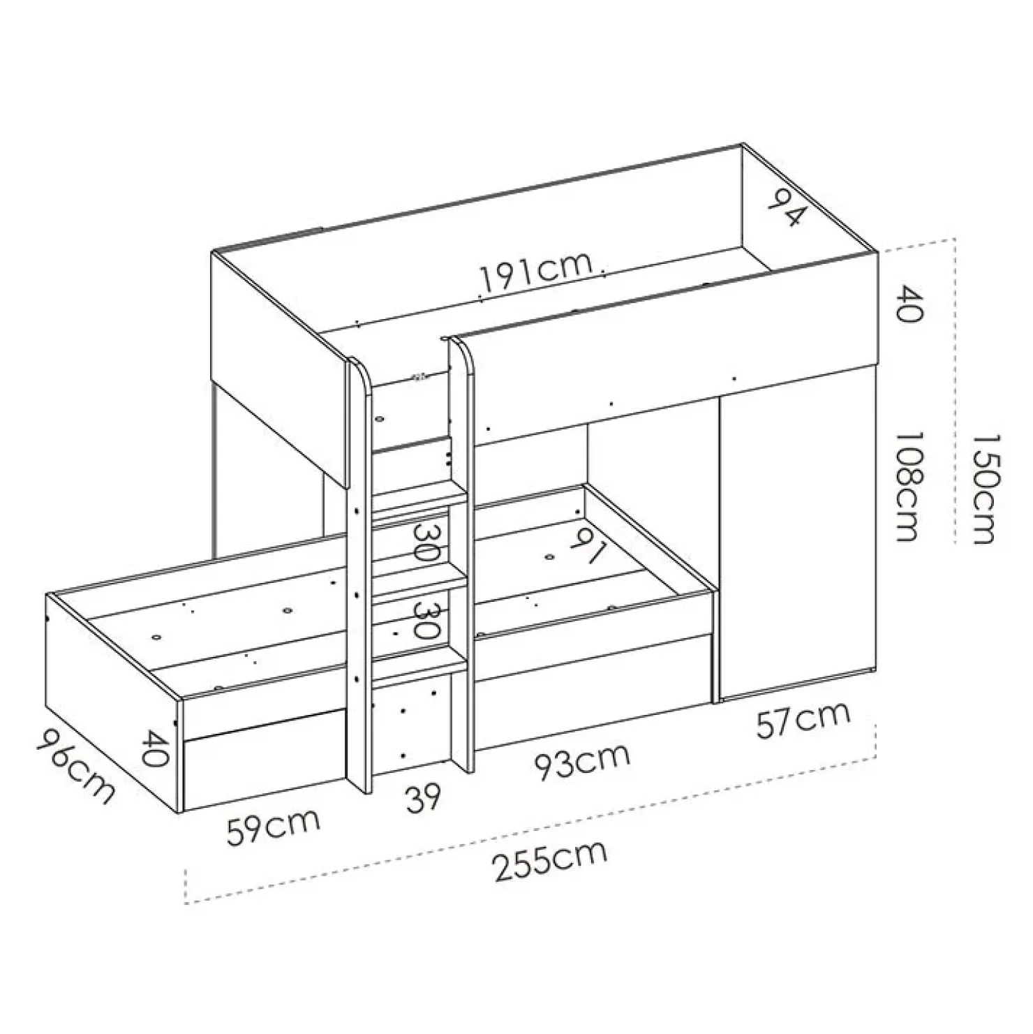 Garnero Arredamenti Cameretta 255x109cm 2 letti a soppalco reversibile rovere grafite Sole Rovere - Grafite Sale