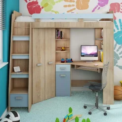 Garnero Arredamenti Cameretta 204x120cm 1 letto singolo completa sinistra rovere blu Dollie Gihome® Rovere - Azzurro Sale