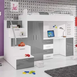 Garnero Arredamenti Cameretta 254x120cm 1 letto soppalco bianco grigio lucido Simone Gihome® Bianco Lucido - Grigio Sale