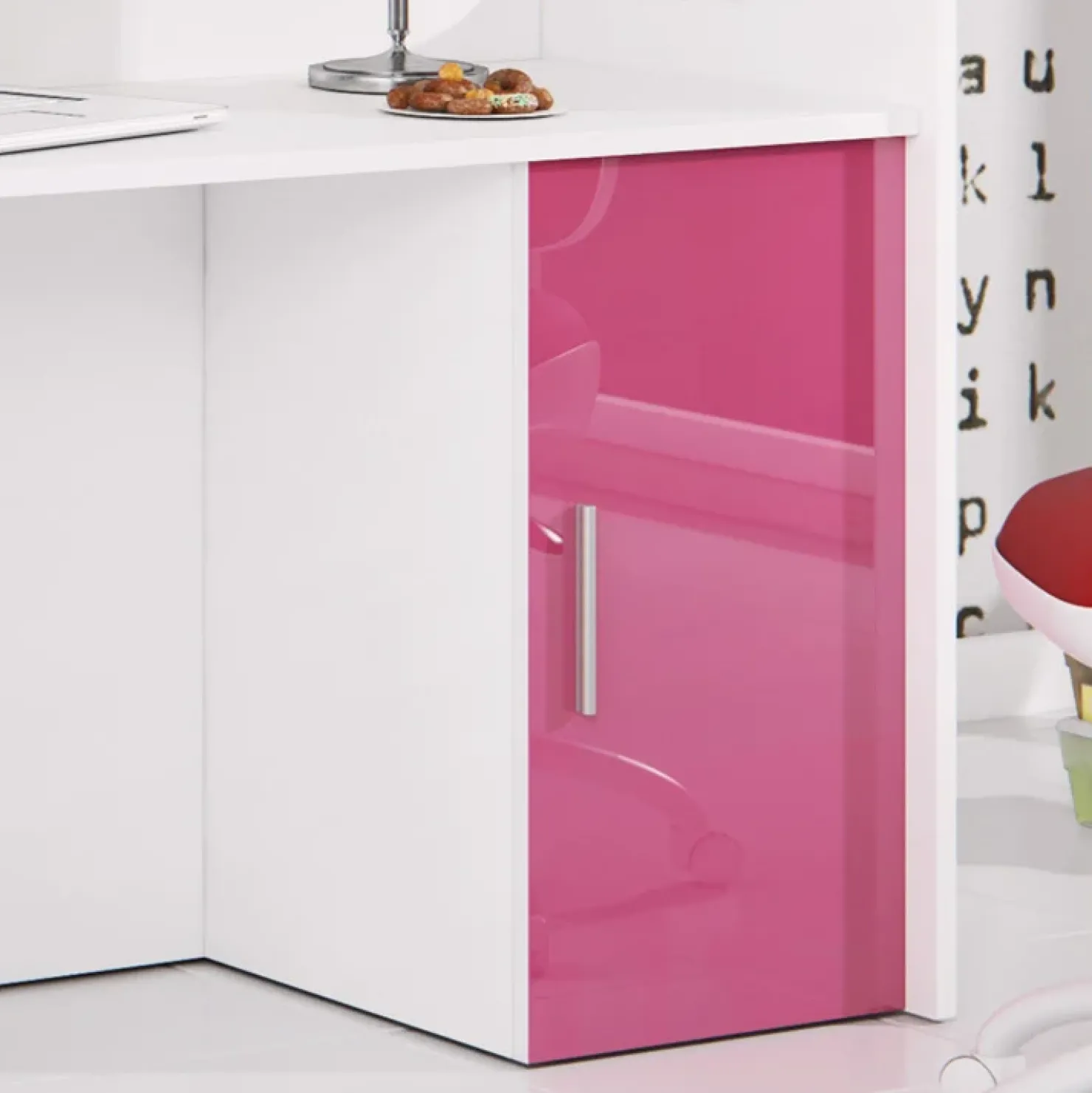 Garnero Arredamenti Cameretta 254x120cm 1 letto soppalco bambini bianco rosa lucido Simone Gihome® Bianco Lucido - Rosa