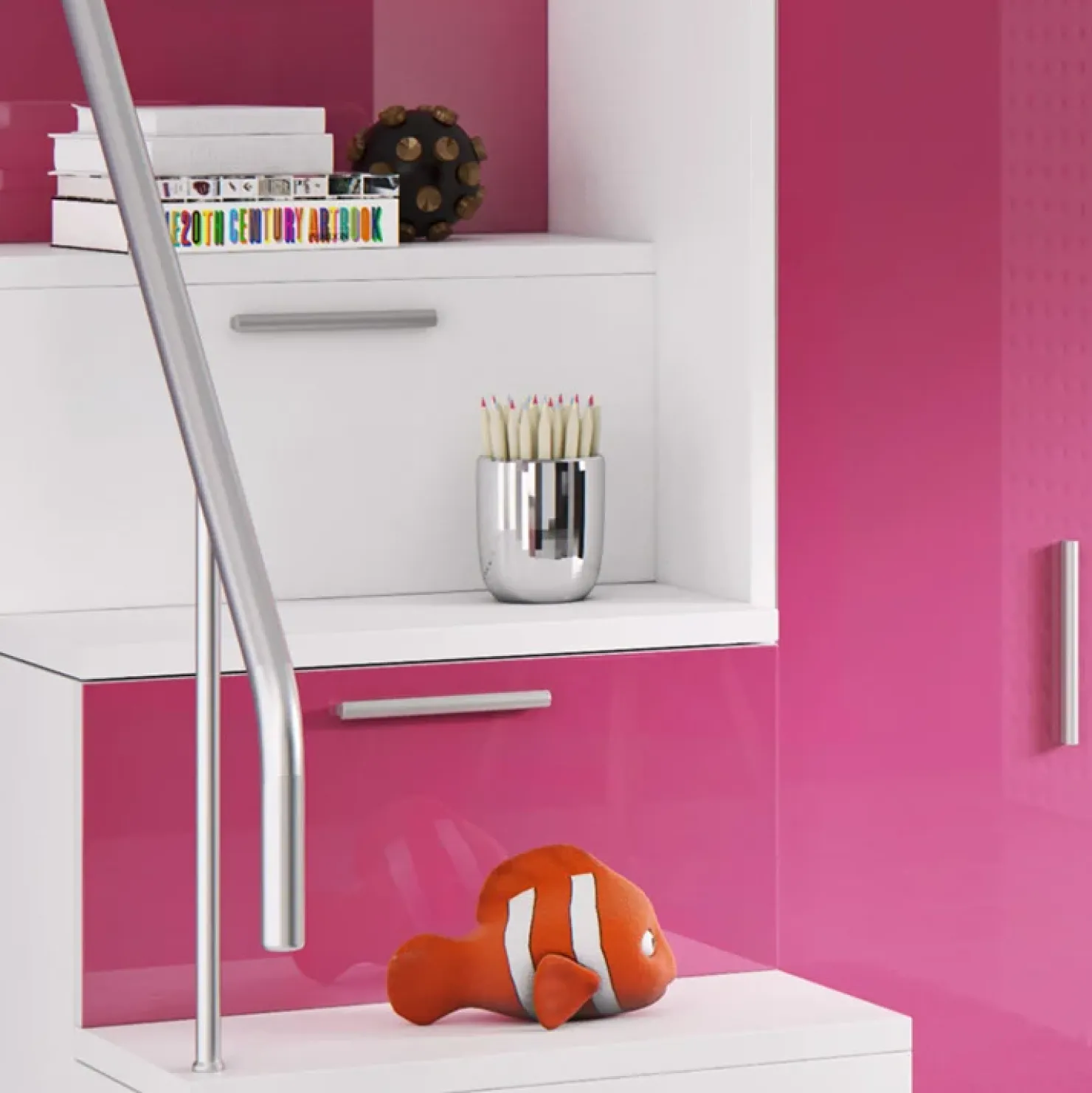 Garnero Arredamenti Cameretta 254x120cm 1 letto soppalco bambini bianco rosa lucido Simone Gihome® Bianco Lucido - Rosa