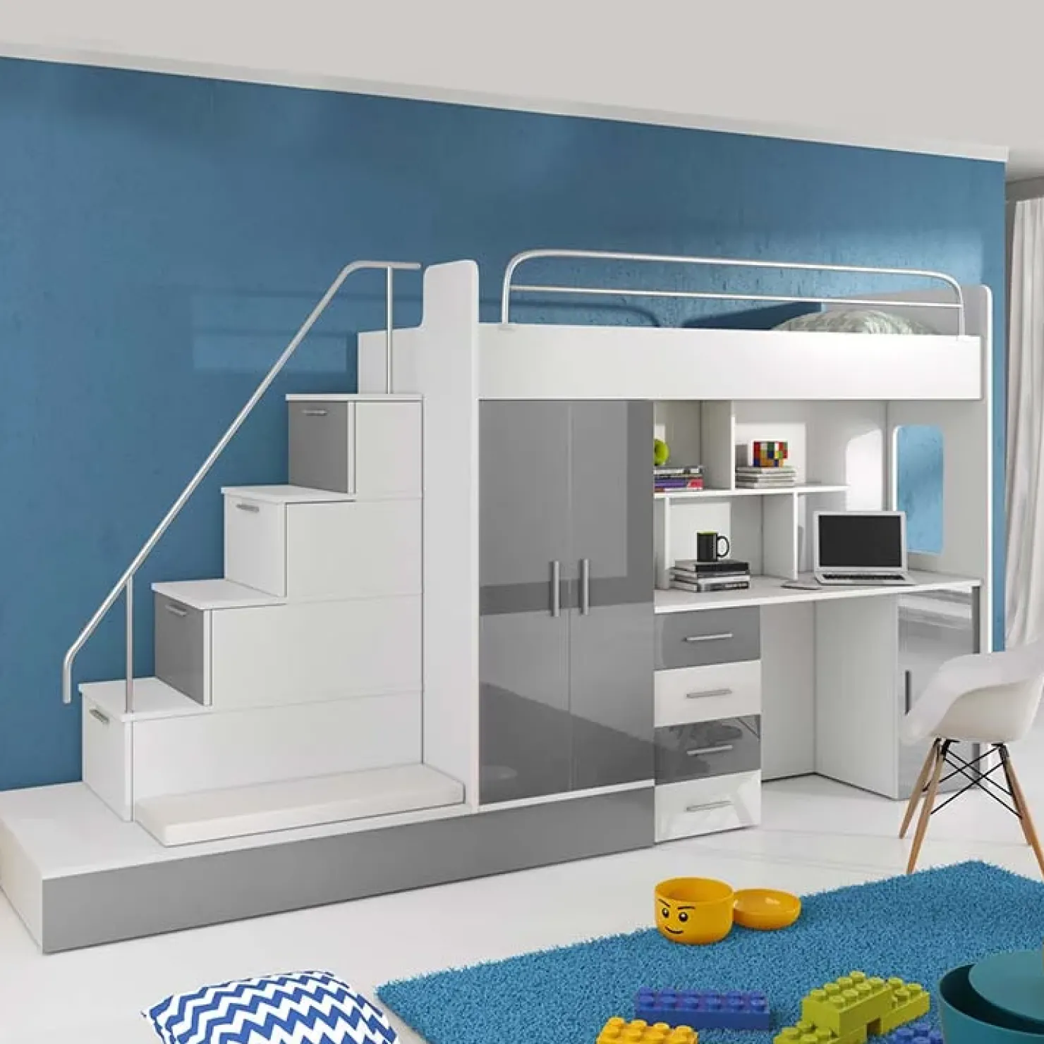 Garnero Arredamenti Cameretta 324x86cm completa 2 letti singoli bianco grigio Diego Gihome® Bianco Lucido - Grigio Clearance