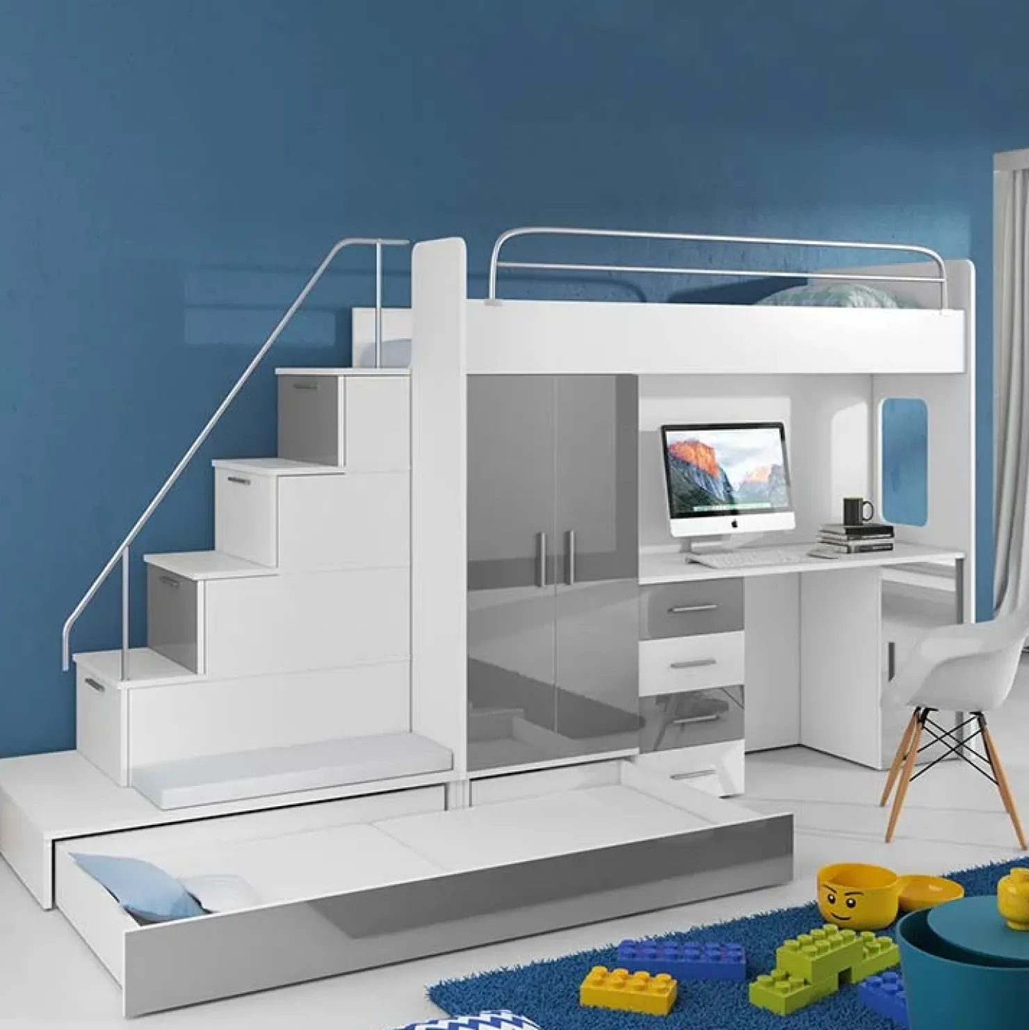 Garnero Arredamenti Cameretta 324x86cm completa 2 letti singoli bianco grigio Diego Gihome® Bianco Lucido - Grigio Clearance