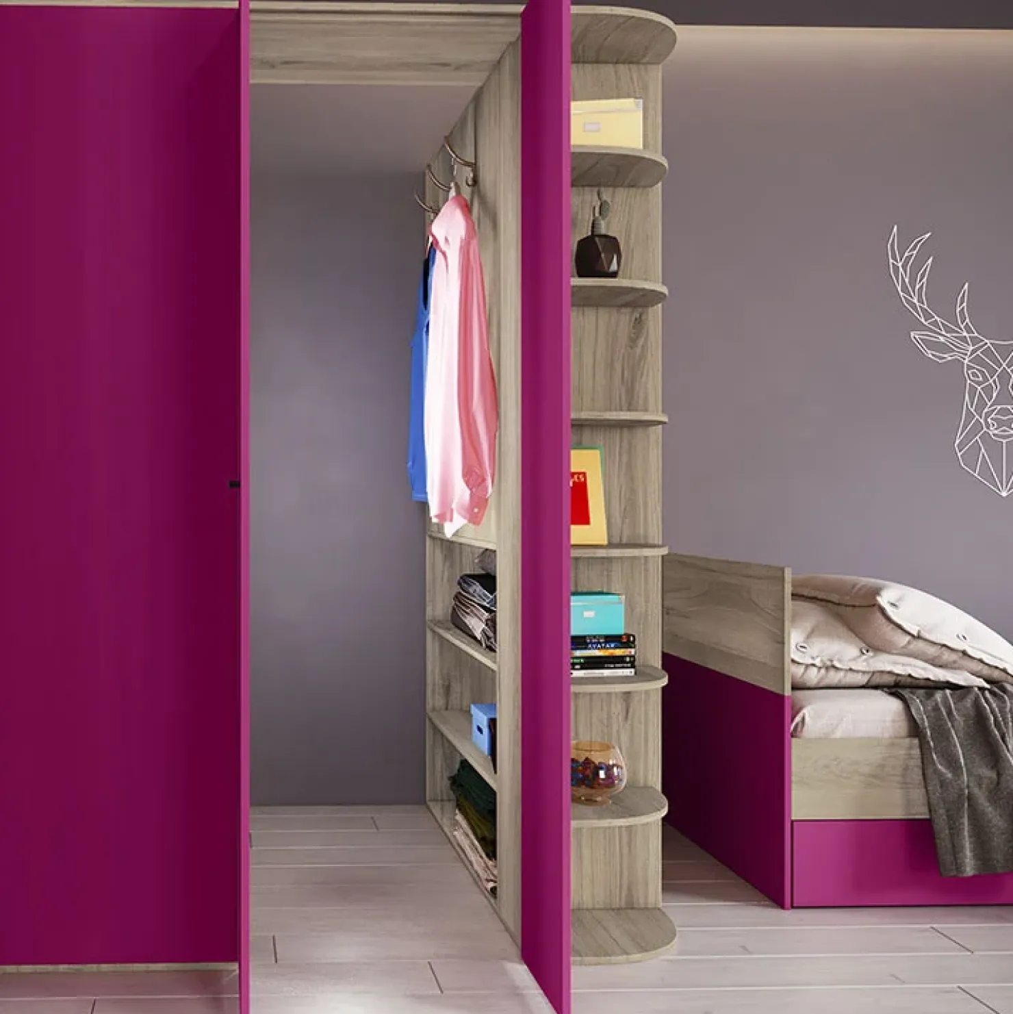 Garnero Arredamenti Cameretta 352x124cm con cabina armadio rovere fucsia Fabio Gihome® Fucsia - Rovere Outlet