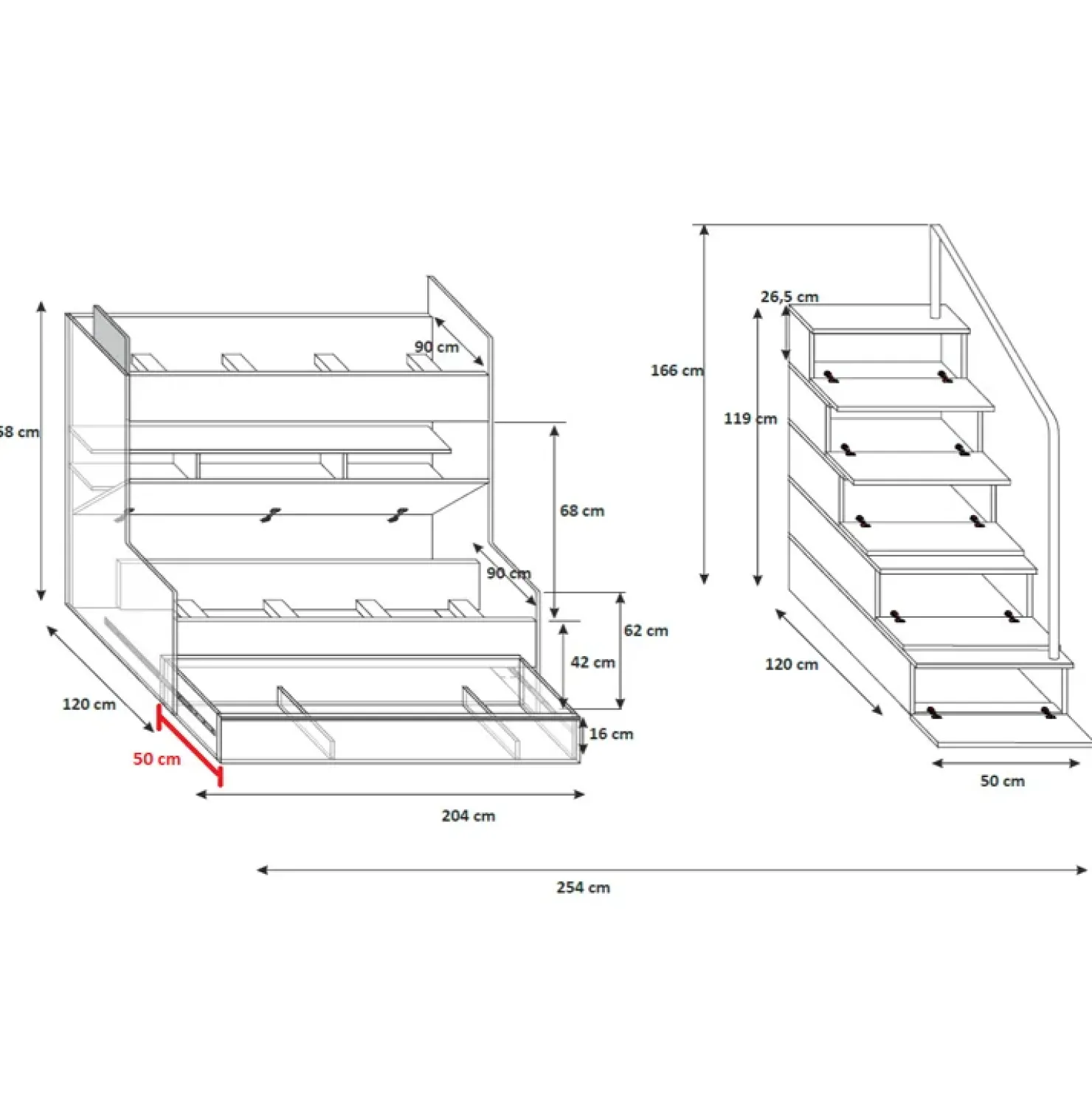 Garnero Arredamenti Cameretta 254x120cm con soppalco 2 letti singoli bianca Enrico Gihome® Bianco Lucido Outlet