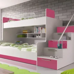 Garnero Arredamenti Cameretta 254x120cm con soppalco 2 letti singoli bianca rosa Enrico Gihome® Bianco Lucido - Rosa Outlet