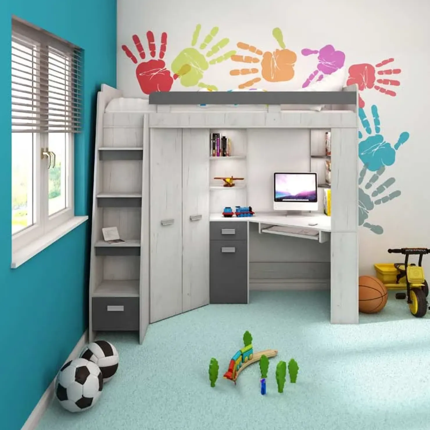 Garnero Arredamenti Cameretta 204x120cm sinistra bambini completa 1 letto singolo bianco pino grafite Dollie Gihome® Grafite - Bianco Frassinato Clearance
