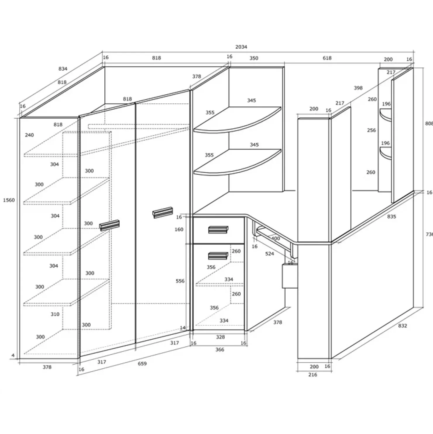 Garnero Arredamenti Cameretta 204x120cm sinistra bambini completa 1 letto singolo bianco pino grafite Dollie Gihome® Grafite - Bianco Frassinato Clearance