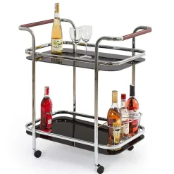 Garnero Arredamenti Carrello da cucina bar 68x74h cm con vetro e ruote nero acciaio cromato Riku Outlet