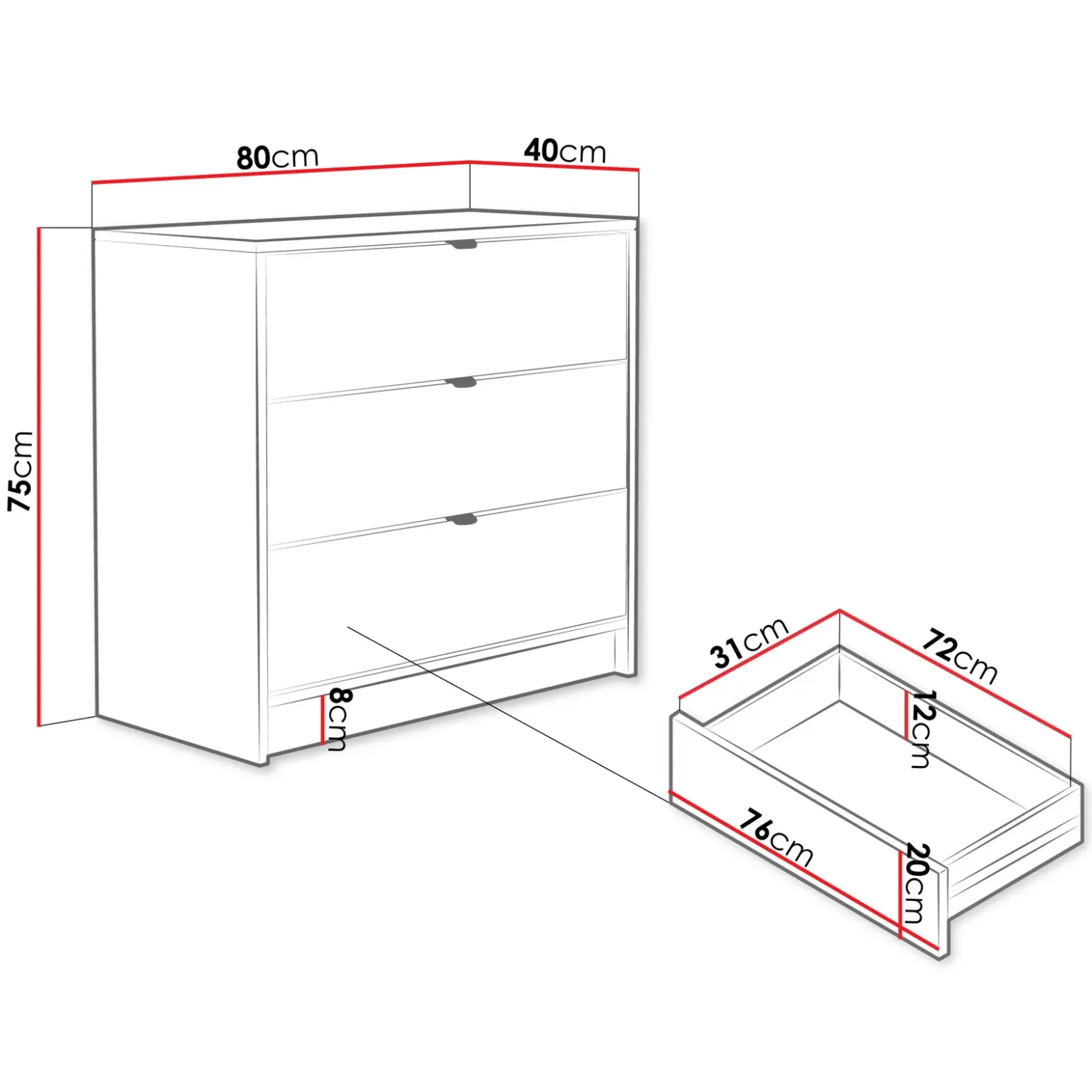 Garnero Arredamenti Cassettiera 80x75h cm 3 cassetti moderna bianco Athena Bianco Opaco Sale