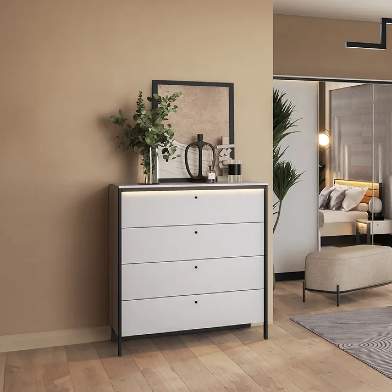 Garnero Arredamenti Cassettiera 101x115h cm 4 cassetti con LED grigio nero Luna Outlet