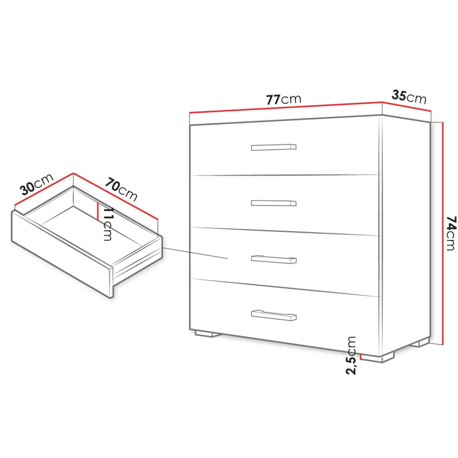 Garnero Arredamenti Cassettiera 77x74h cm design moderno 4 cassetti bianco Pastello Sale