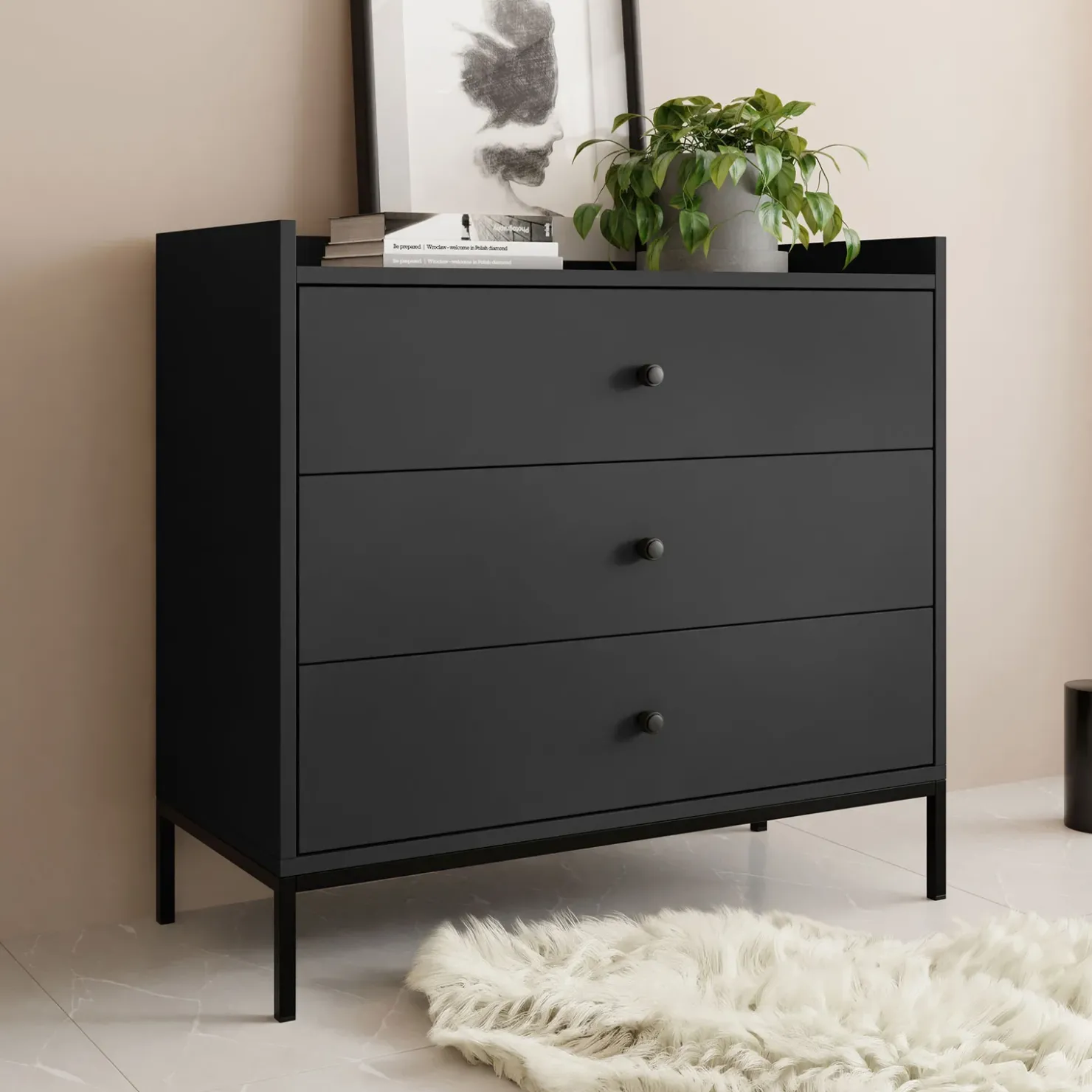 Garnero Arredamenti Cassettiera 80x80h cm design moderno 3 cassetti nero Pollon Nero Opaco Clearance