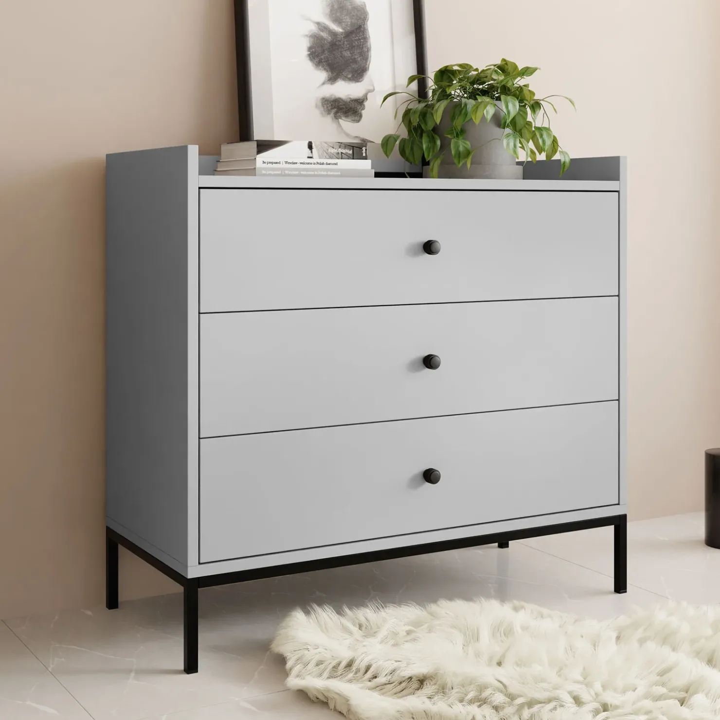 Garnero Arredamenti Cassettiera 80x80h cm design moderno 3 cassetti Pollon Grigio