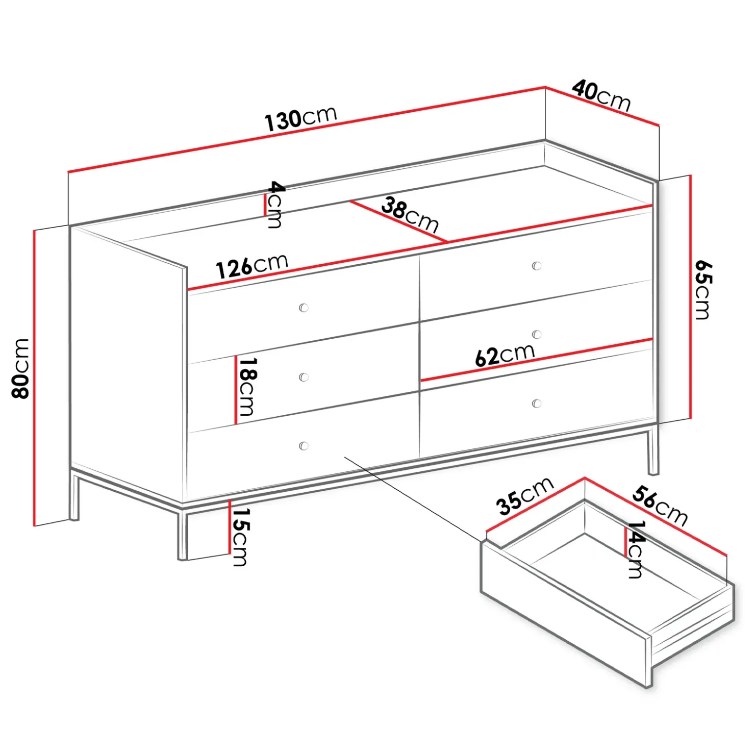Garnero Arredamenti Cassettiera 130x80h cm design moderno 6 cassetti bianco Pollon Bianco Opaco Clearance
