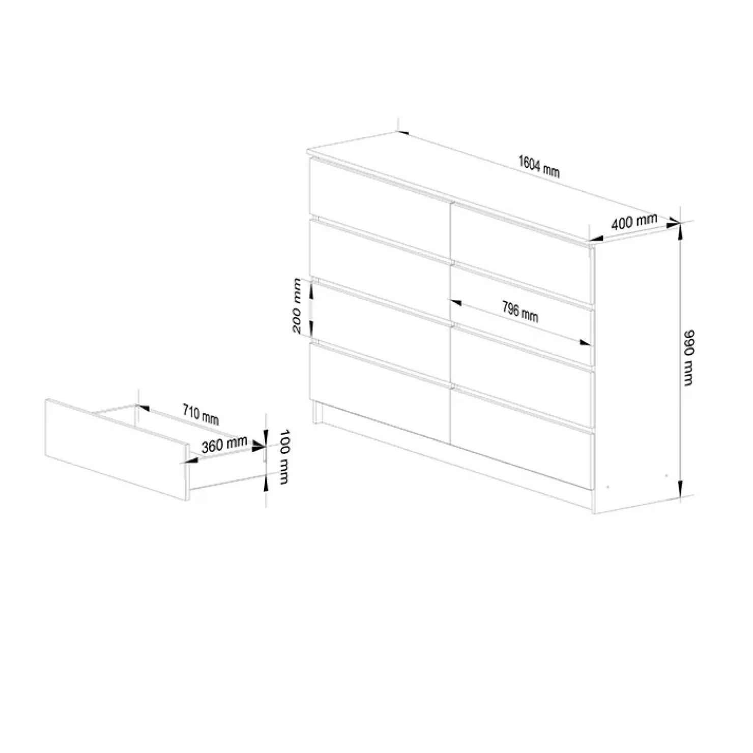 Garnero Arredamenti Cassettiera 160x100h cm moderna 8 cassetti bianco Living Bianco Opaco New