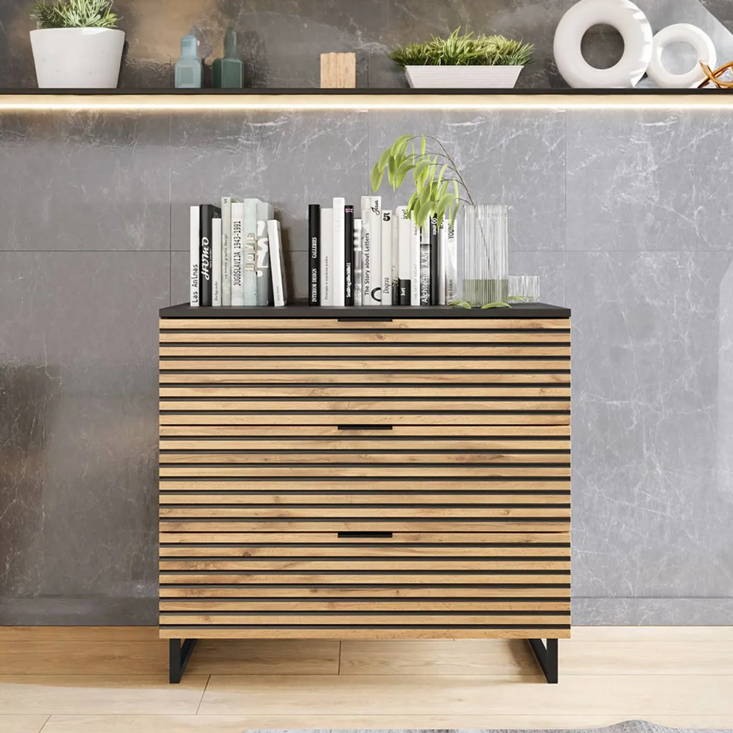 Garnero Arredamenti Cassettiera 80x76h cm rustica design cannettato rovere nero List Hot