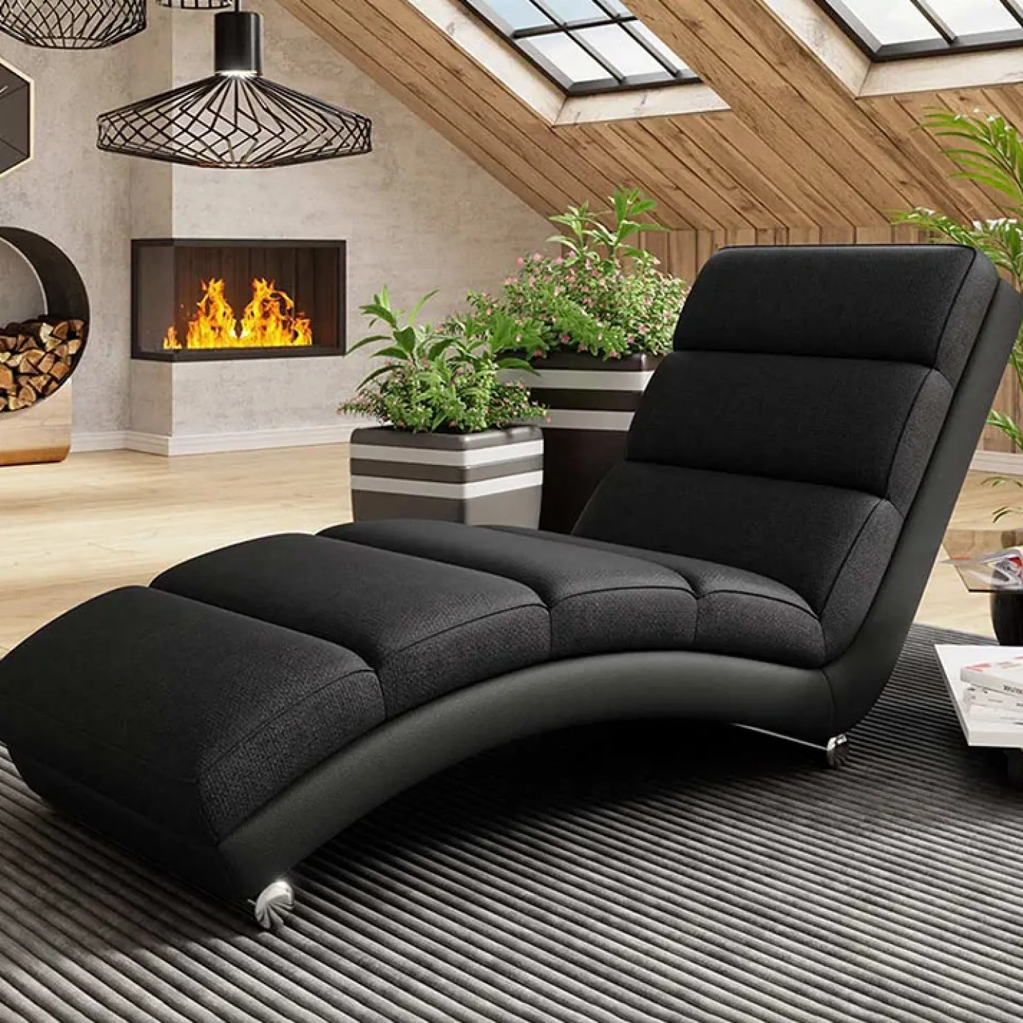 Garnero Arredamenti Chaise longue design 180cm imbottita in tessuto nero Marty Tessuto Ecopelle e Lawa Nero Clearance