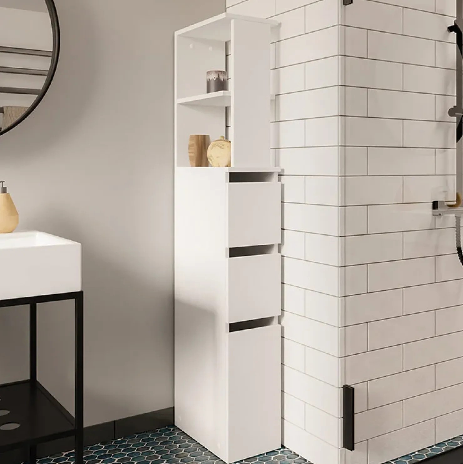 Garnero Arredamenti Colonna bagno 33x136h cm con 2 cassetti moderno bianco Zaida