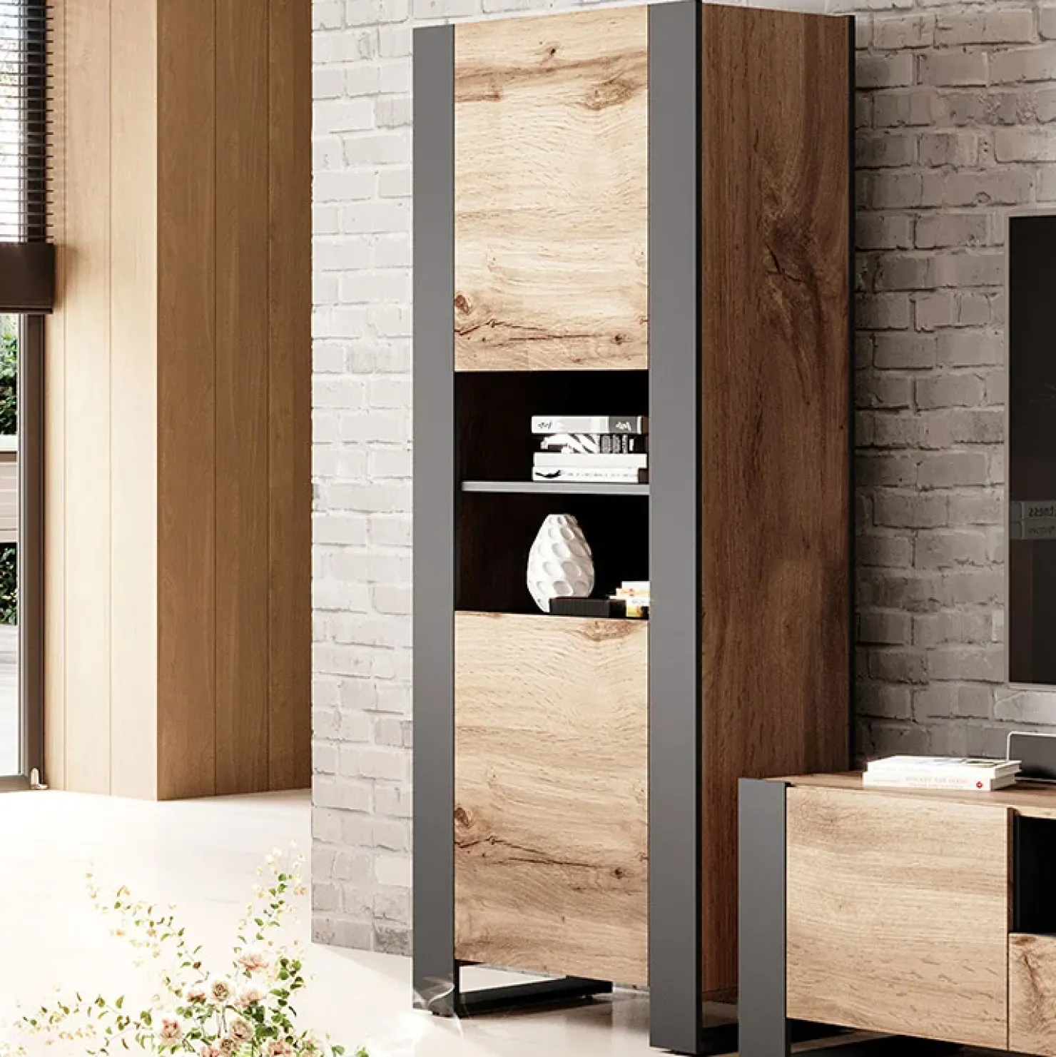 Garnero Arredamenti Colonna soggiorno 65x171h cm 2 ante 2 vani a giorno legno antracite Tampere Clearance