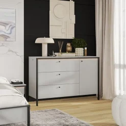 Garnero Arredamenti Comò 136x91h cm 1 anta 3 cassetti con LED grigio nero Luna Hot
