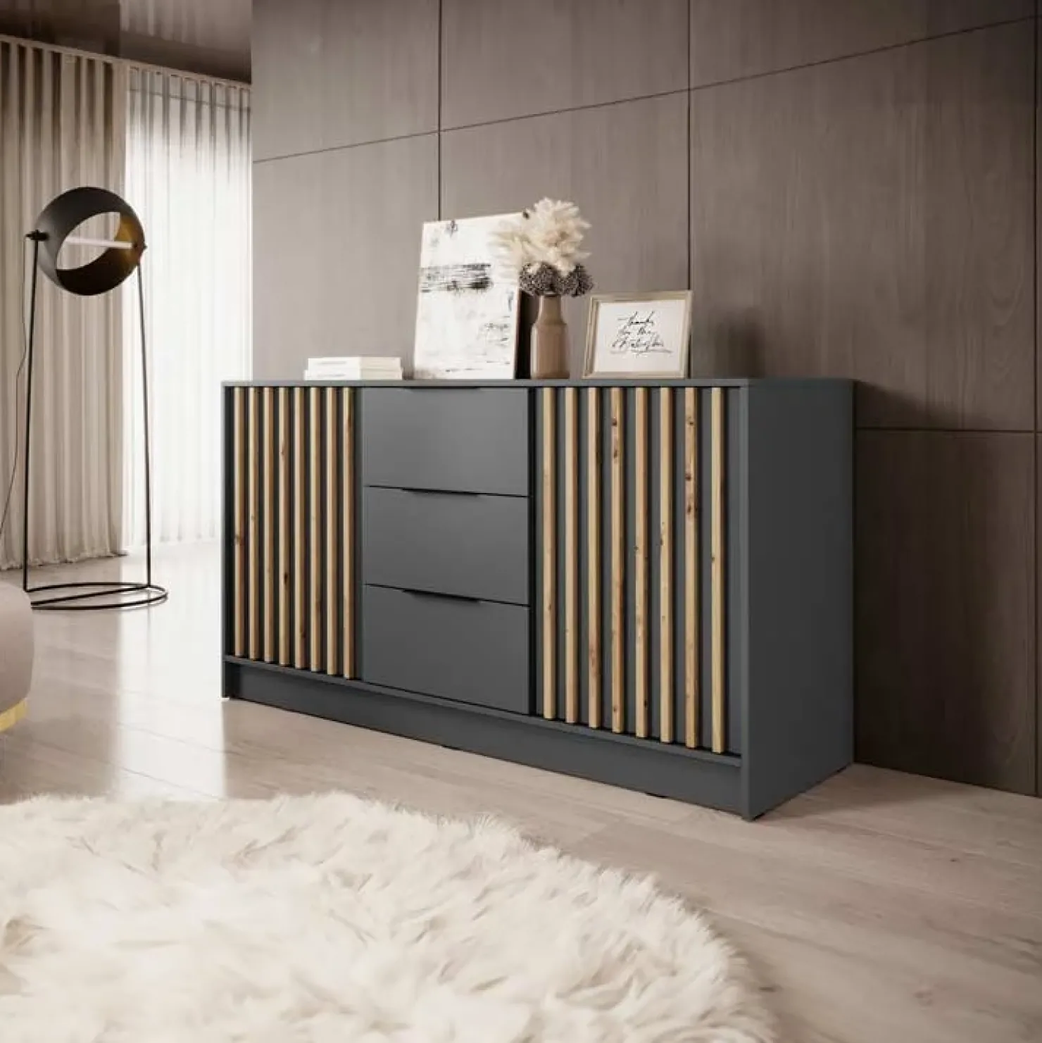 Garnero Arredamenti Comò 155x86h cm 2 ante con cassetti moderno quercia Miller Antracite Online