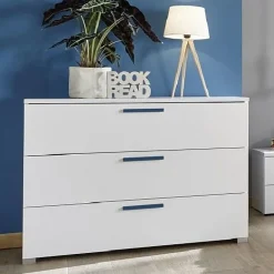Garnero Arredamenti Comò 104x80h cm 3 cassetti con maniglie blu moderno bianco Enjoy Bianco Opaco - Blu