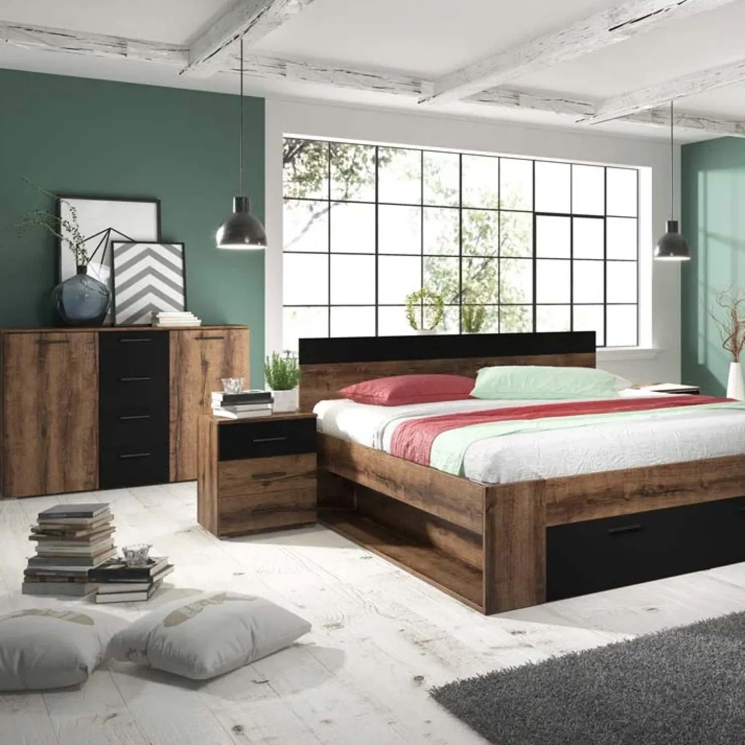 Garnero Arredamenti Comò 132x93h cm moderno rovere scuro nero Lisbona Gihome® Outlet