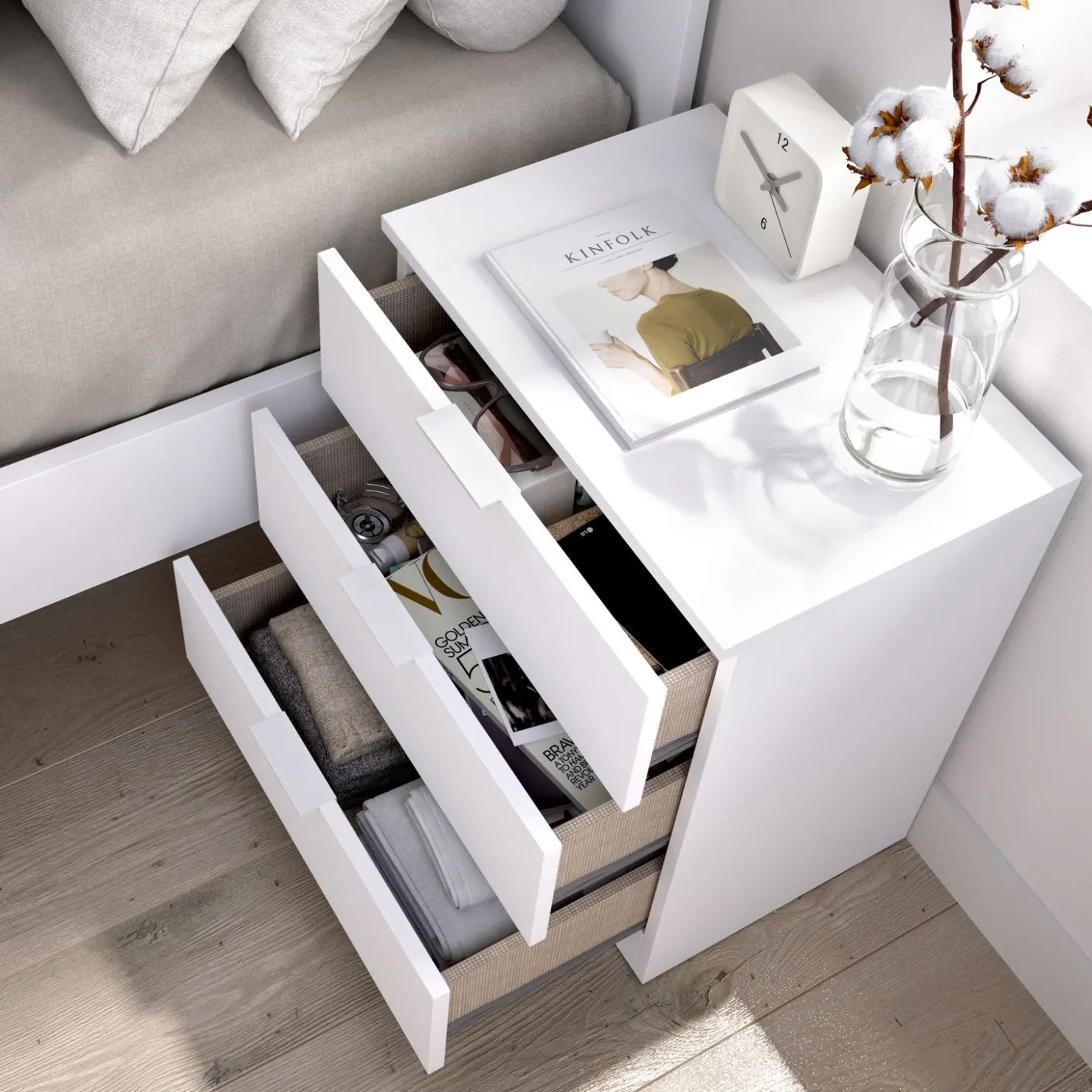 Garnero Arredamenti Comodino 50x58h cm 3 cassetti moderno bianco opaco Manuel