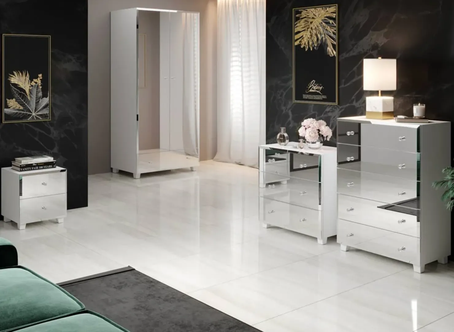 Garnero Arredamenti Comodino 45x51h cm 2 cassetti design con specchio bianco Selva Bianco Opaco