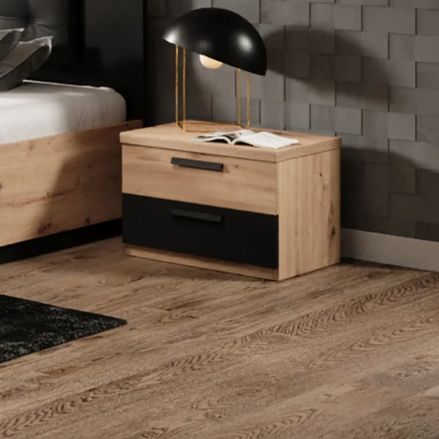 Garnero Arredamenti Comodino 46x36h cm 2 cassetti moderno nero Vulcano Rovere New