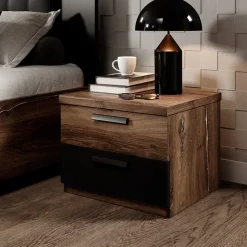 Garnero Arredamenti Comodino 46x37h cm 2 cassetti moderno quercia scuro nero Vulcano Noce Best