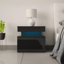 Garnero Arredamenti Comodino 55x51h cm 1 cassetto con LED nero Lumus Nero Lucido Clearance