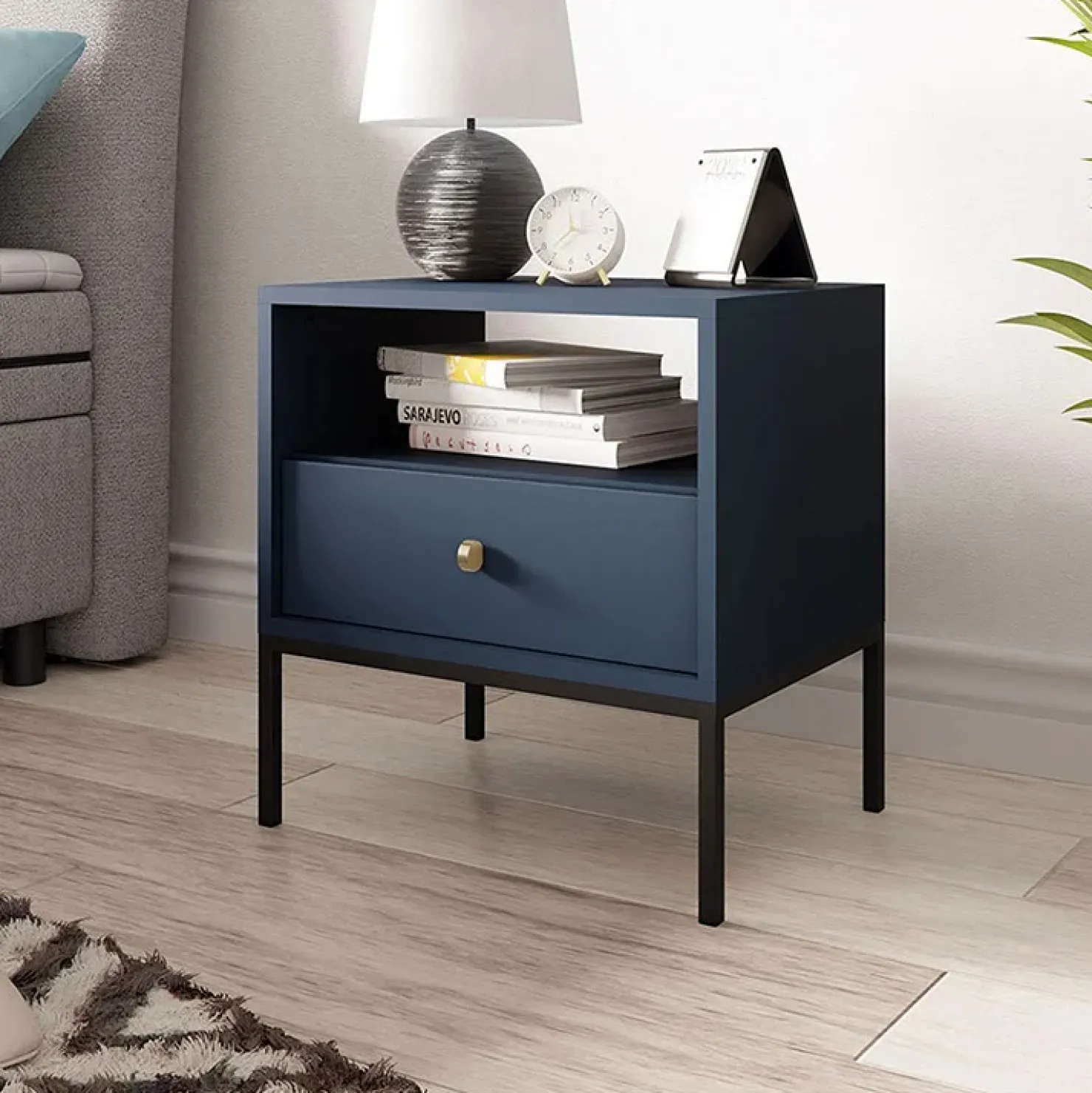 Garnero Arredamenti Comodino 54x56h cm 1 cassetto moderno notte Glory Blu Discount