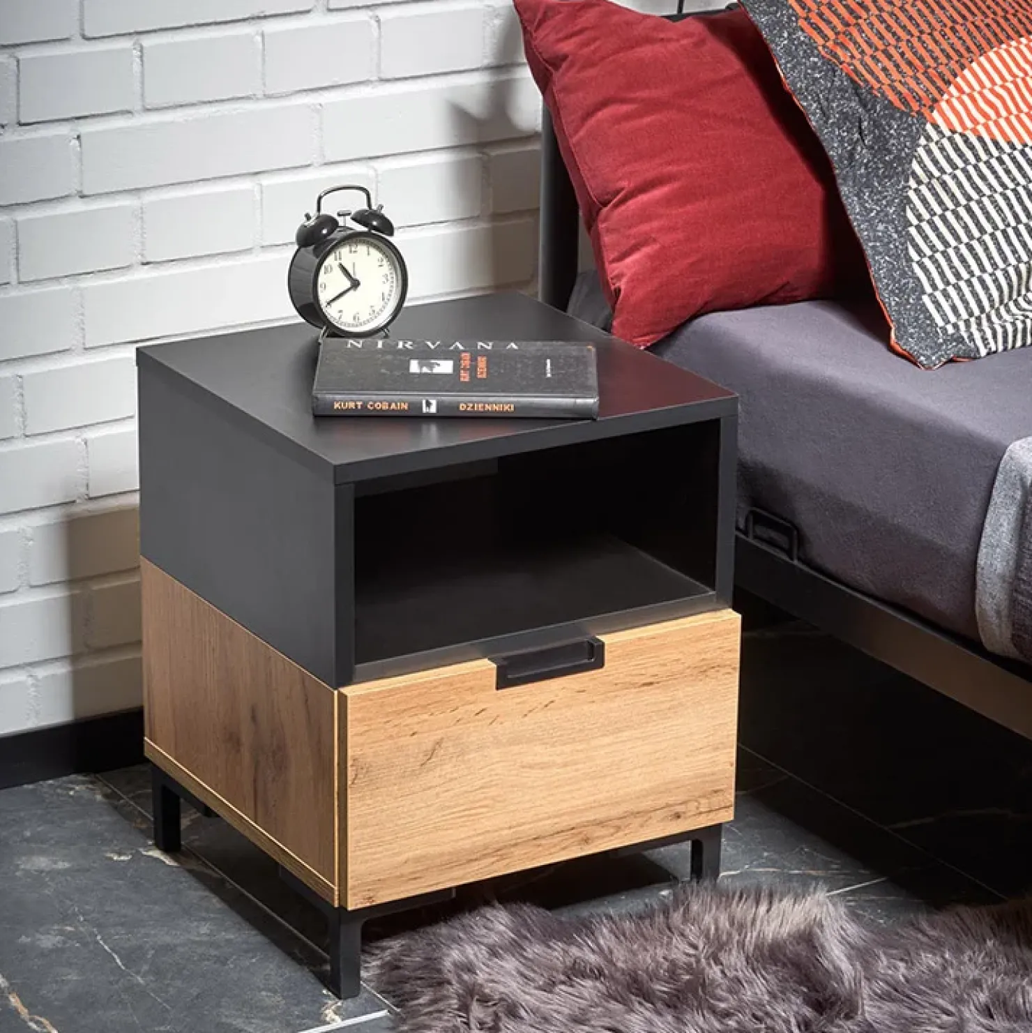 Garnero Arredamenti Comodino 40x52h cm 1 cassetto moderno rovere nero Ankara New