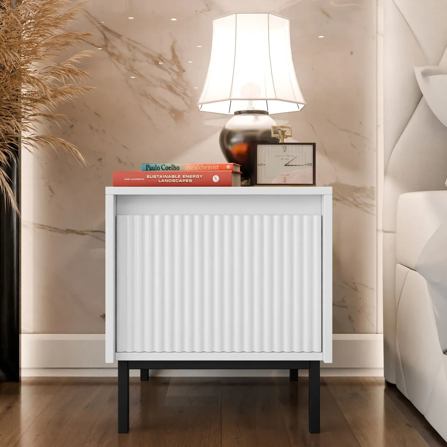 Garnero Arredamenti Comodino 45x50h cm design cannettato bianco Strike Bianco Opaco Discount