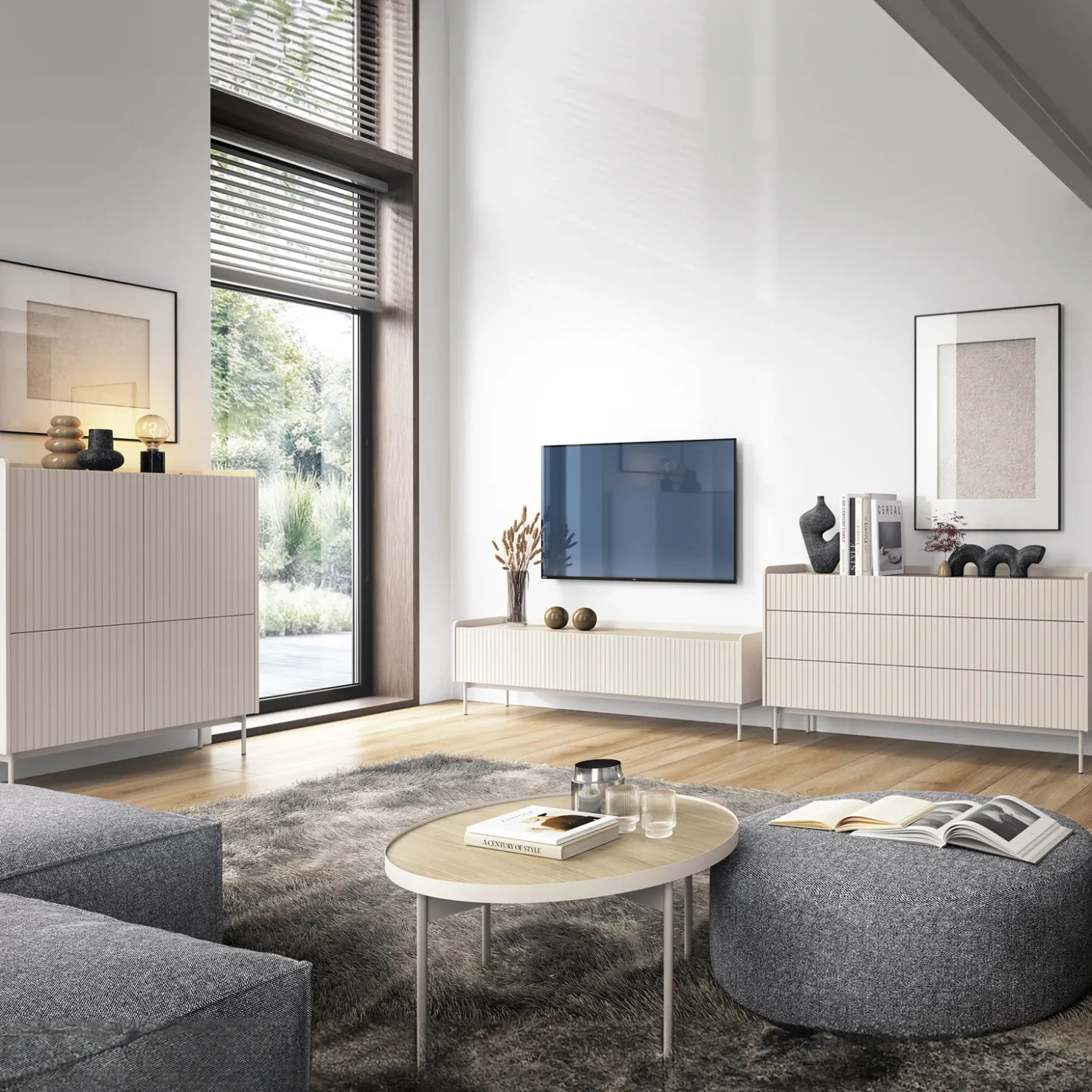 Garnero Arredamenti Credenza alta 103x126cm 4 ante beige cannettato rovere Fioca Discount