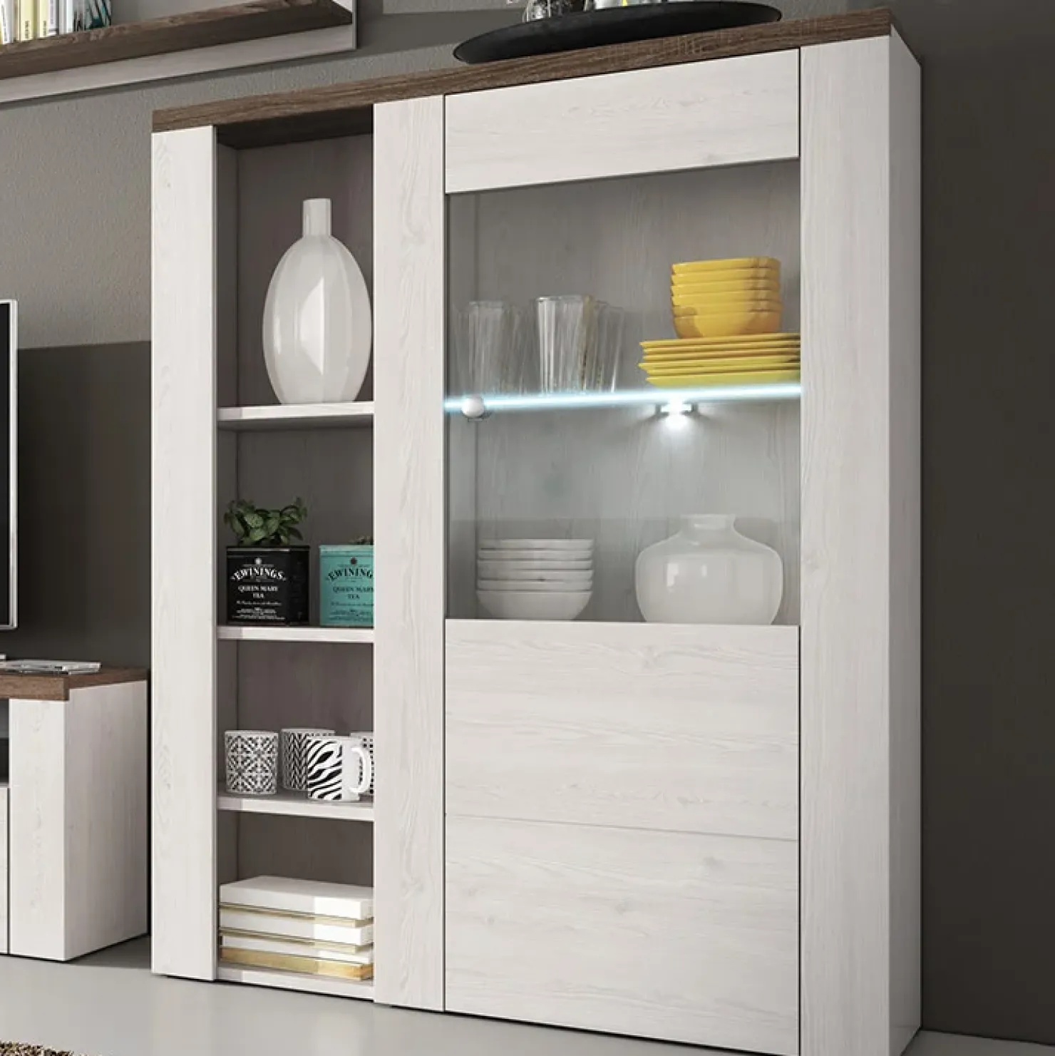 Garnero Arredamenti Credenza alta 100x145h cm 1 anta con vetrina bianco frassinato rovere Paloma 2 Bianco Frassinato - Noce Discount