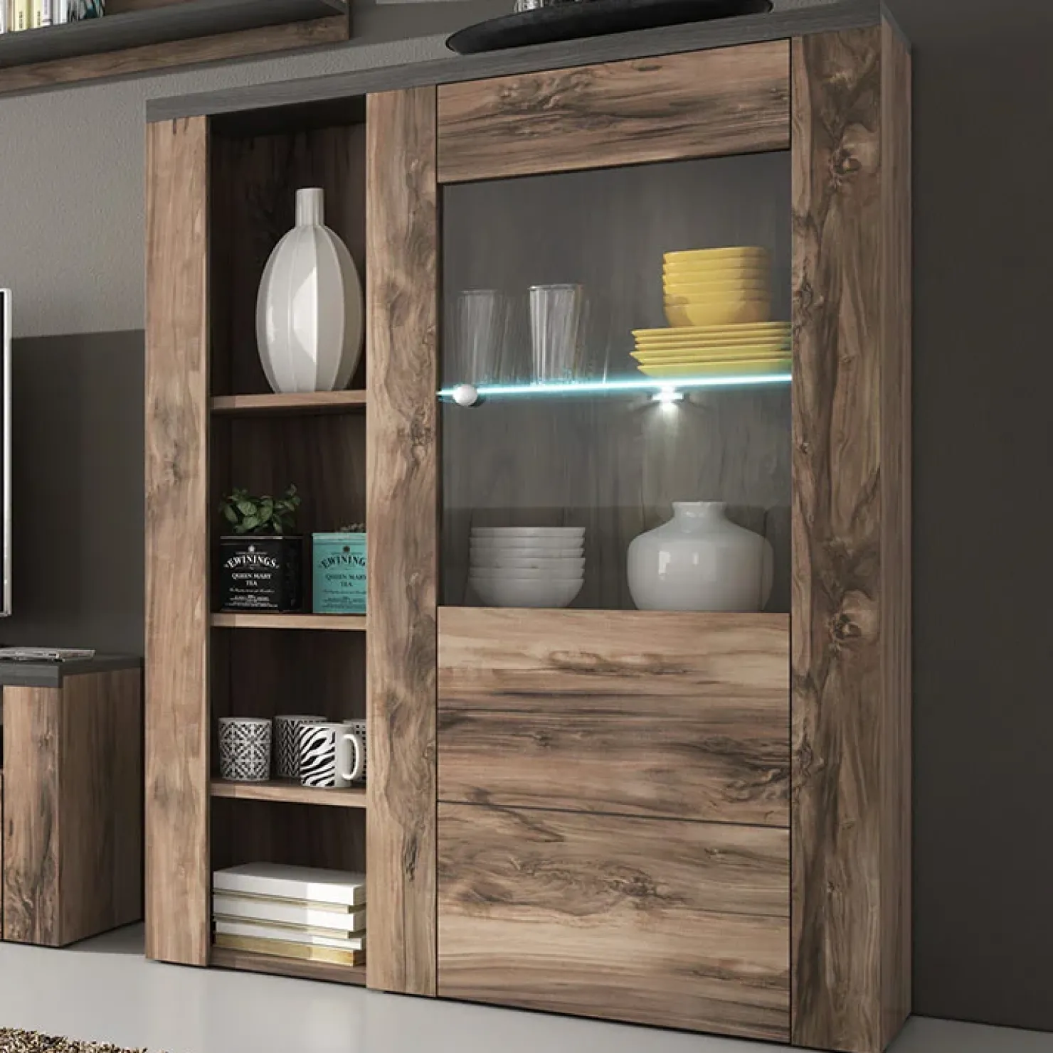 Garnero Arredamenti Credenza alta 100x145h cm 1 anta con vetrina noce rovere grigio Paloma 2 Noce - Grigio Sale