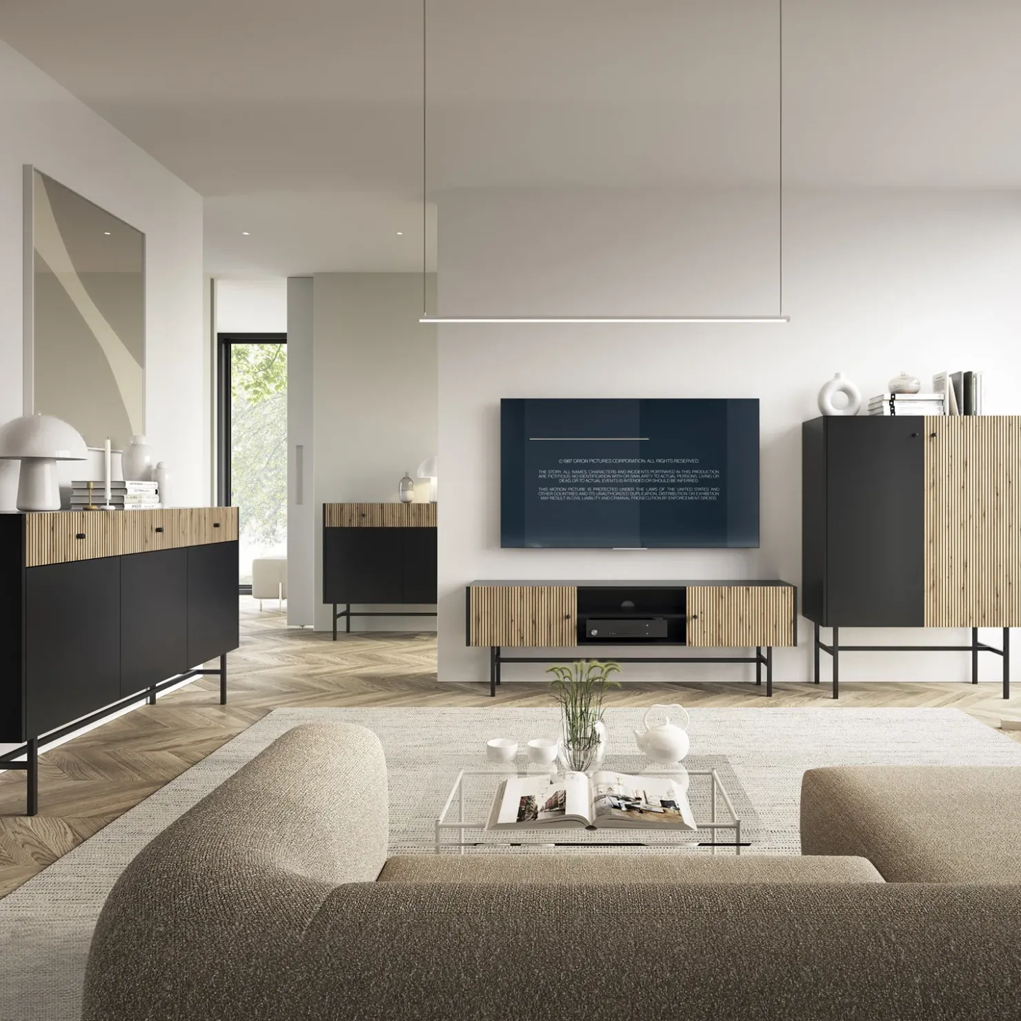 Garnero Arredamenti Credenza alta 94x132h cm 2 ante moderna nero rovere cannettato Eterna Nero Opaco - Rovere Rustico Best