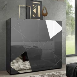Garnero Arredamenti Credenza alta 120x109h cm 2 ante grigio lucido specchio con serigrafia Olimpo Antracite Sale