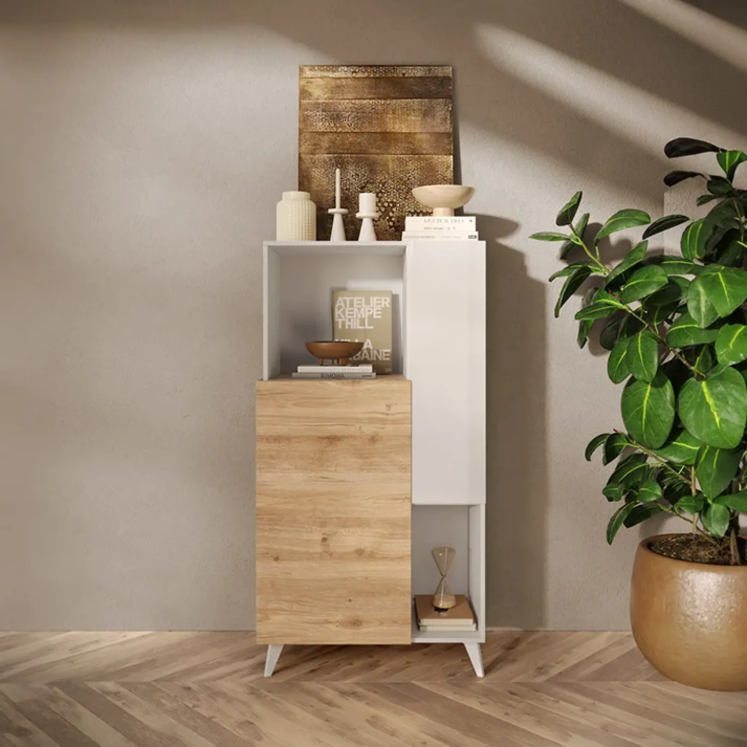 Garnero Arredamenti Credenza alta 81x154h cm 2 ante bianco lucido rovere chiaro Witty Rovere - Bianco Lucido Clearance