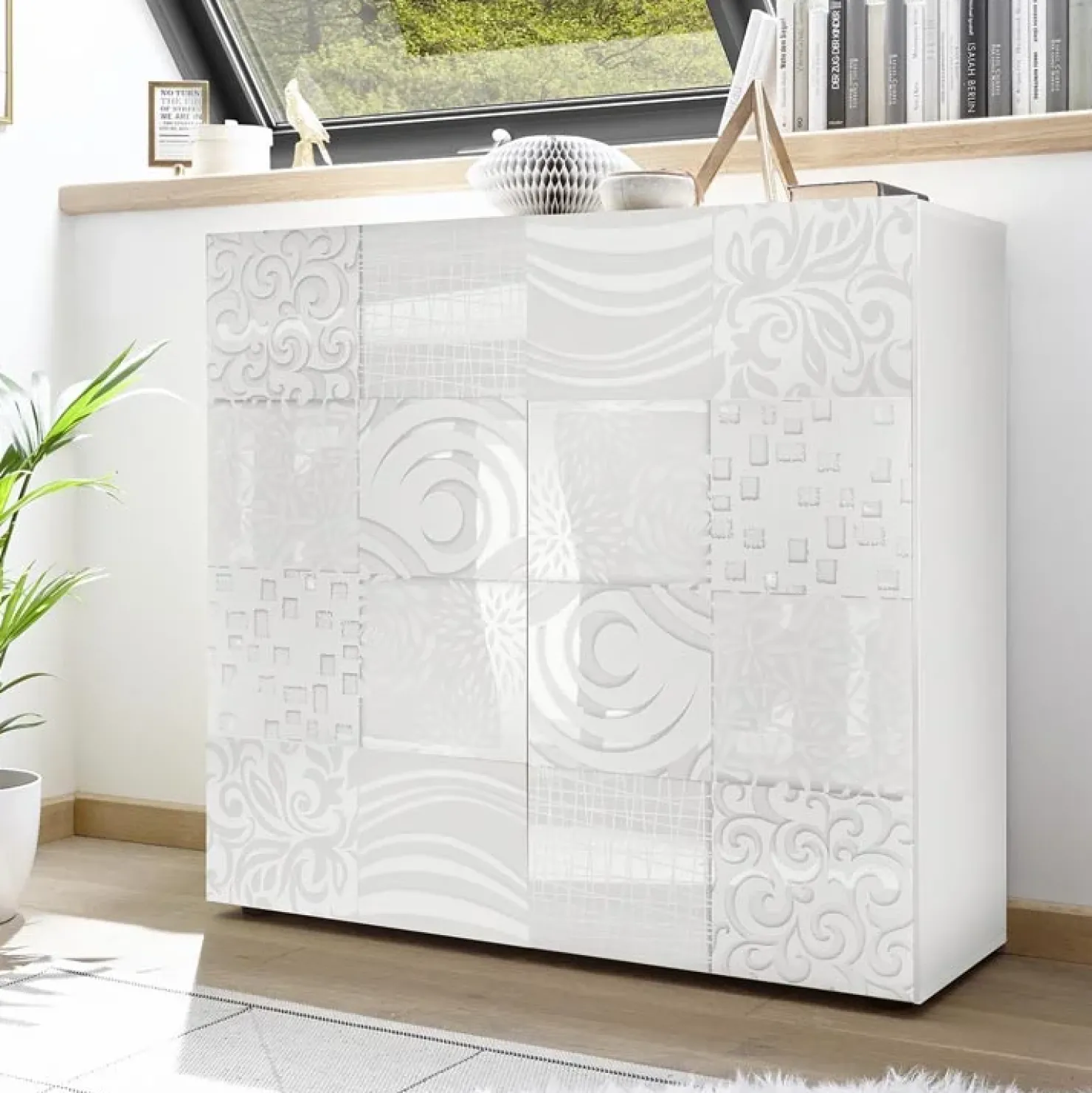 Garnero Arredamenti Credenza alta 121x111h cm 2 ante bianco laccato lucido con serigrafia Paradise Bianco Lucido New