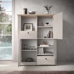 Garnero Arredamenti Credenza alta 118x160h cm 2 ante 3 vani 2 cassetti rovere bianco frassinato Doria Hot