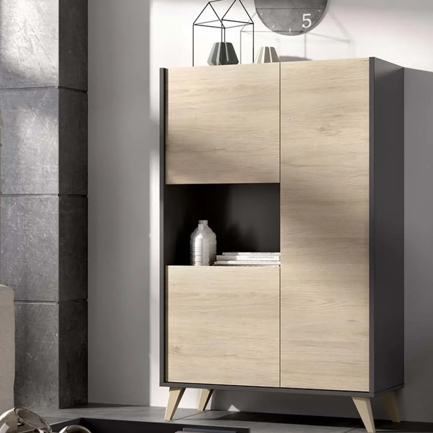 Garnero Arredamenti Credenza alta 81x135h cm 3 ante moderna rovere grafite Elmer Rovere - Grafite Discount